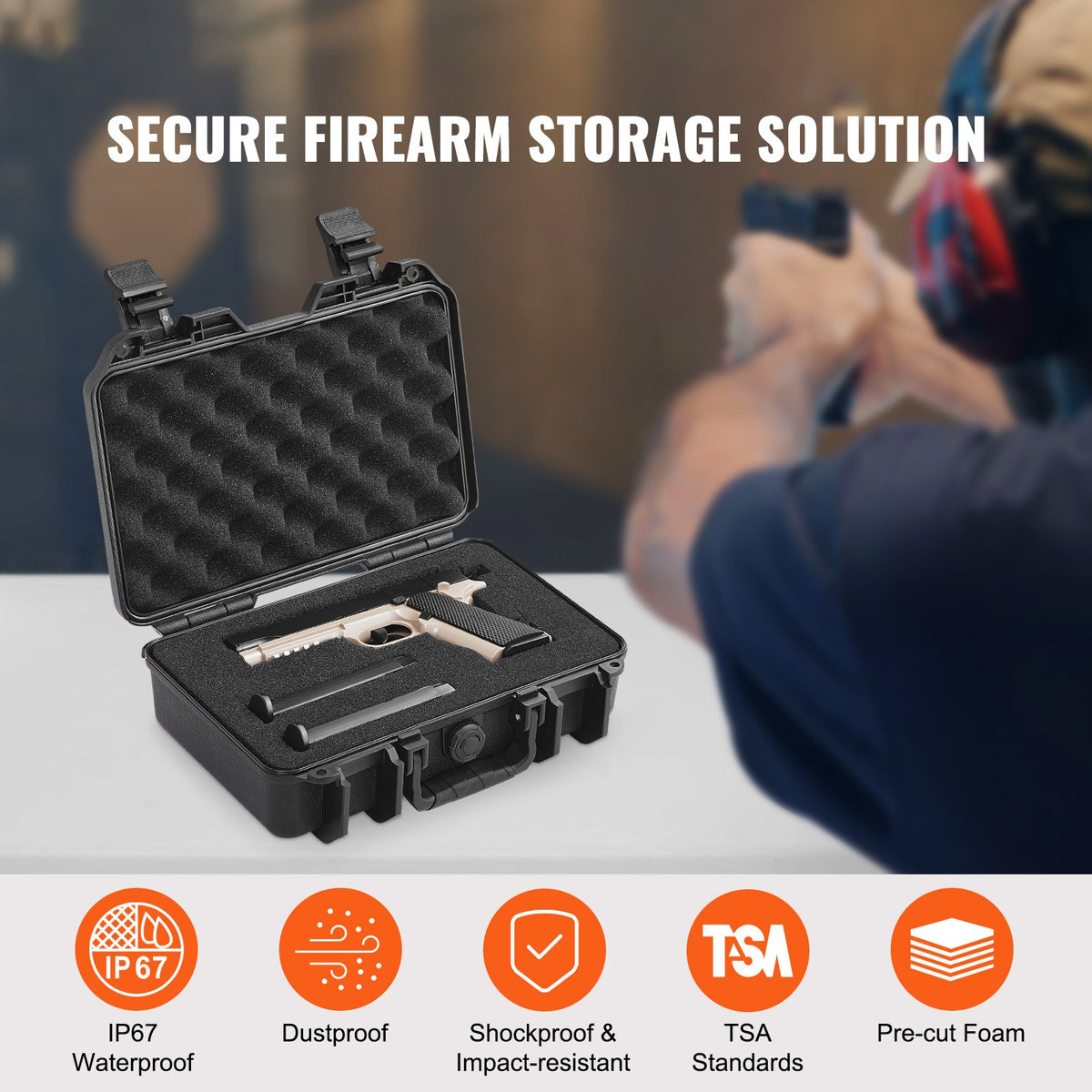 Waterproof Hard Pistol Case with Pre-Cut Foam Lockable TSA Approved for Firearms