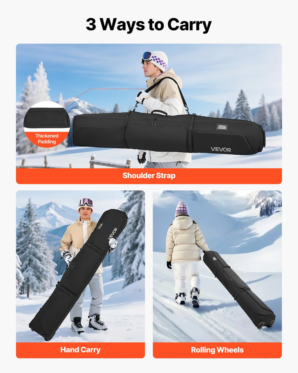 Waterproof Snowboard Bag with Wheels - Fits Up to 74.8 in Ski Gear