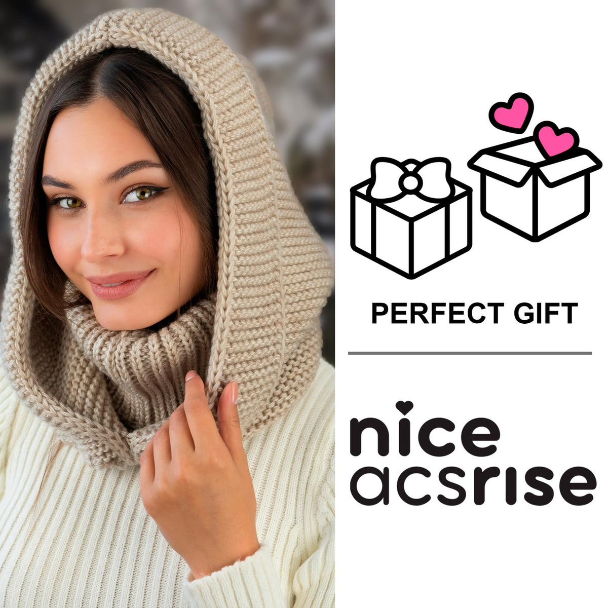 Women Wool Knit Hooded Scarf with Detachable Balaclava and Neck Gaiter