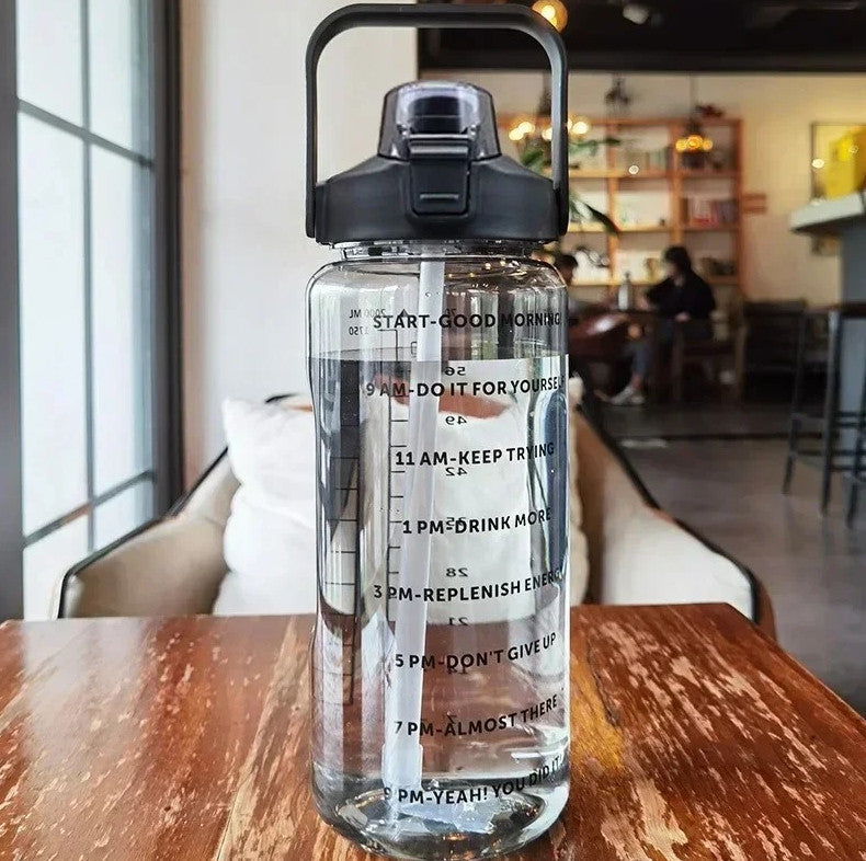 Large 2L Portable Water Bottle with Straw & Time Marker for Fitness & Outdoors