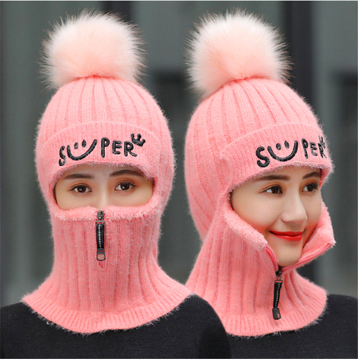 Double-Layer Fleece Winter Hat Beanie with Face and Neck Cover - Multiple Colors