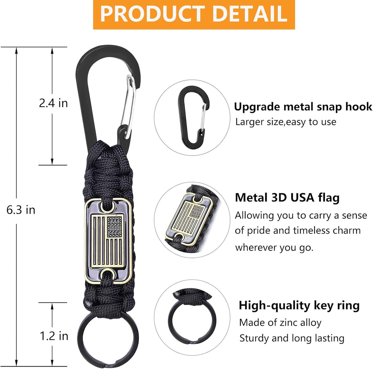 Heavy Duty Paracord Lanyard Keychain with USA Flag - Tactical Outdoor Accessory
