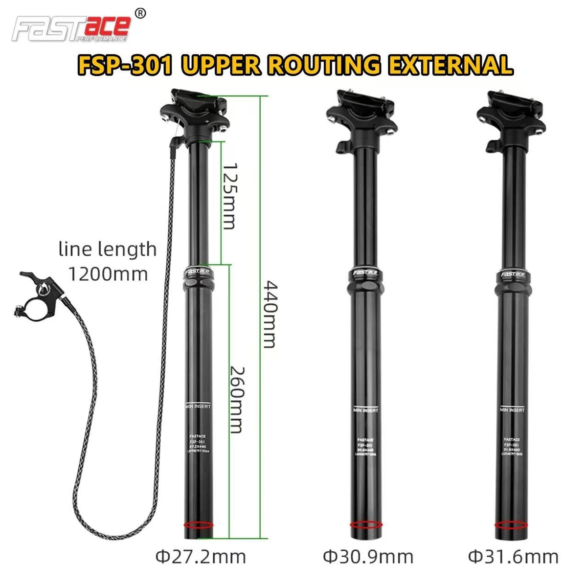 Dropper Seatpost MTB 125mm Travel - 27.2/30.9/31.6mm with External/Internal Cable Routing