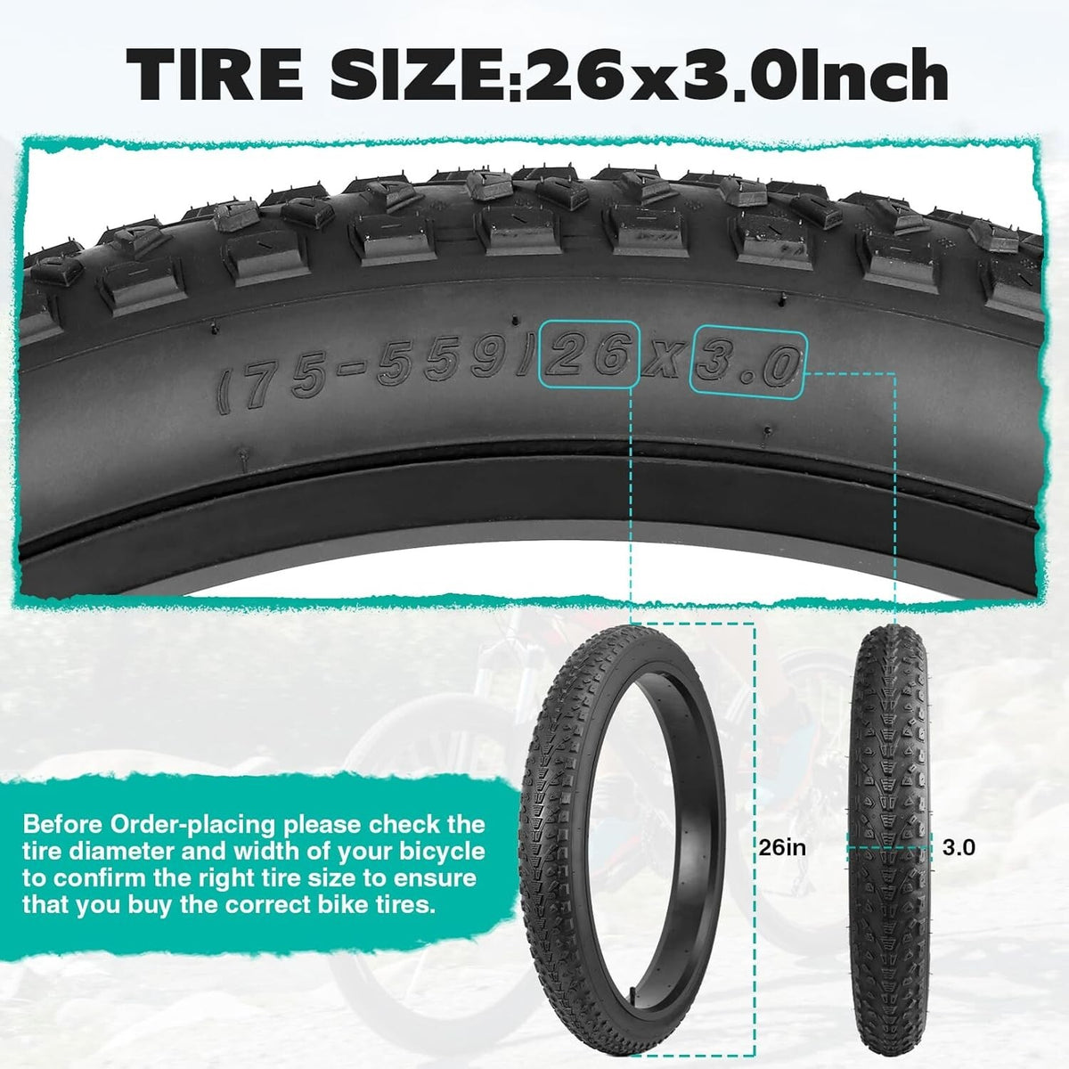 2 Pack Fat Bike Tires 26 x 3 with Tubes - Durable, Foldable Electric Bike Tires