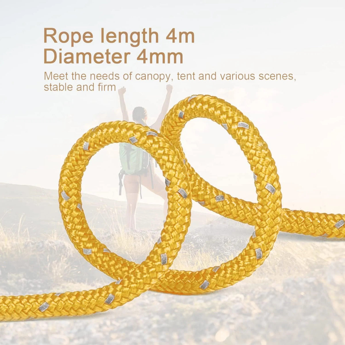 Ultralight 4mm Reflective Tent Guy Lines with Aluminum Tensioners - 8 Pack