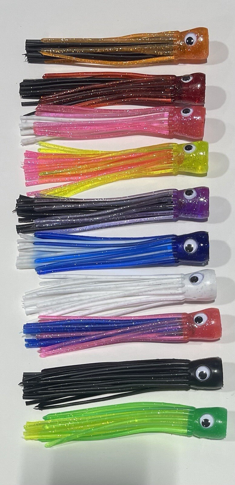 Fishing Trolling Skirts 10 Pack for Tuna Mahi Wahoo - Glitter Moving Eyes