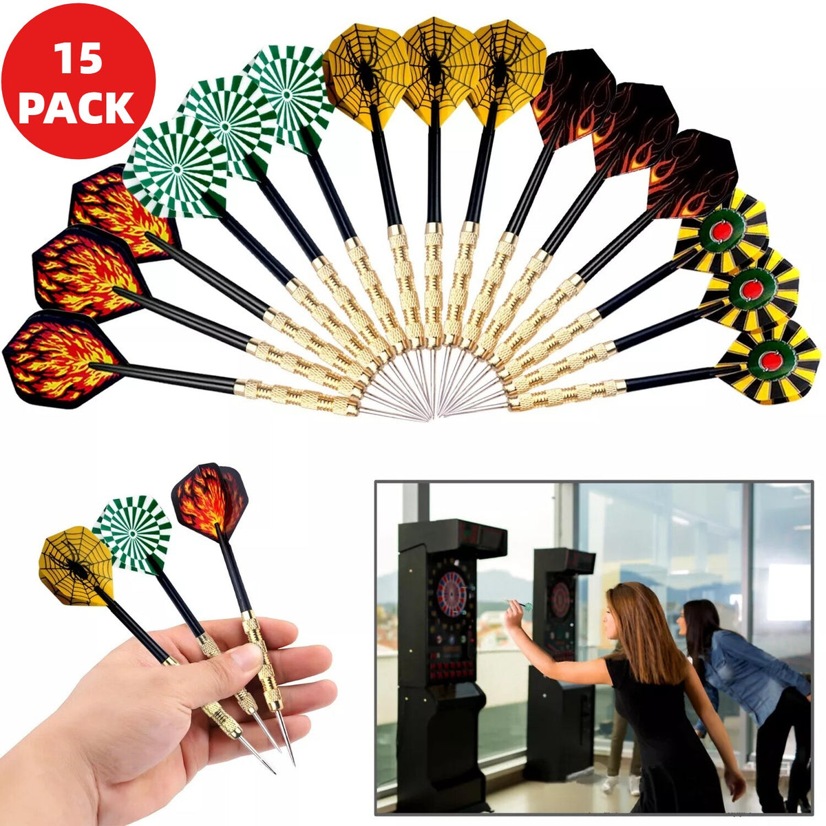 Professional Steel Tip Darts Set 15pcs 14g Slim Barrel with 5 Flight Styles