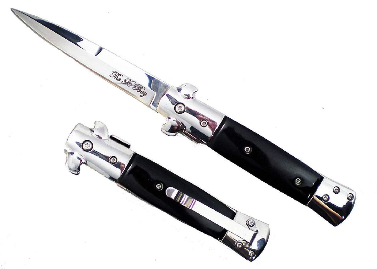 Black & Chrome Spring Assisted Open Stiletto Knife - Godfather Style