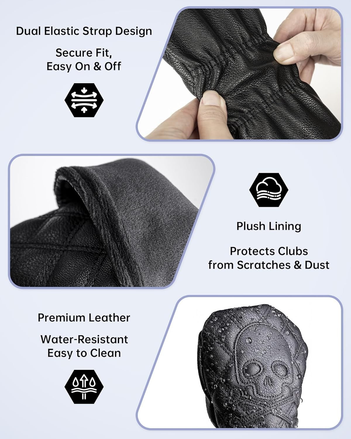 Golf Club Headcover Set with Skull Design - Fits Driver, Fairway, Hybrid, Waterproof Leather