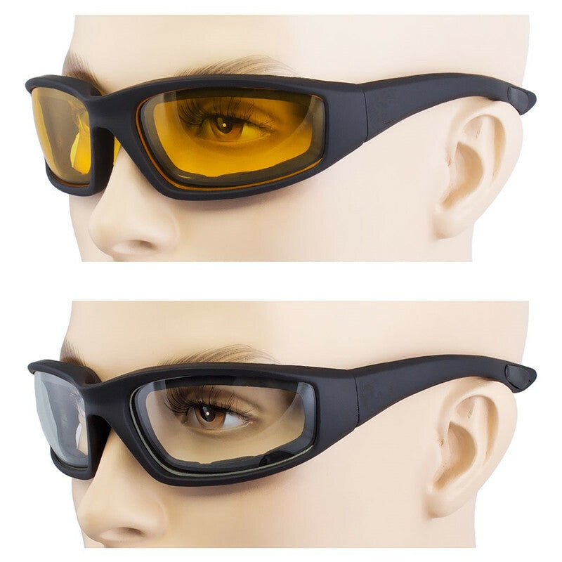 Motorcycle Riding Glasses 3 Pairs UV400 Shield Clear Smoke Yellow Padded Comfortable