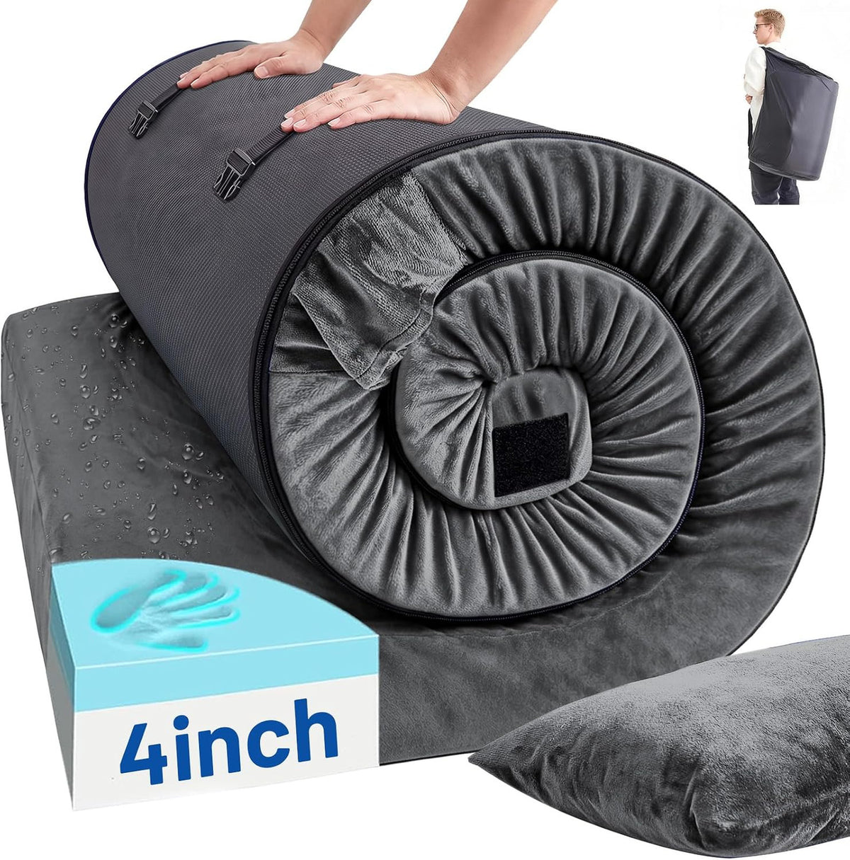 Extra Thick Memory Foam Camping Mattress Pad with Pillow - 4 Inch Support