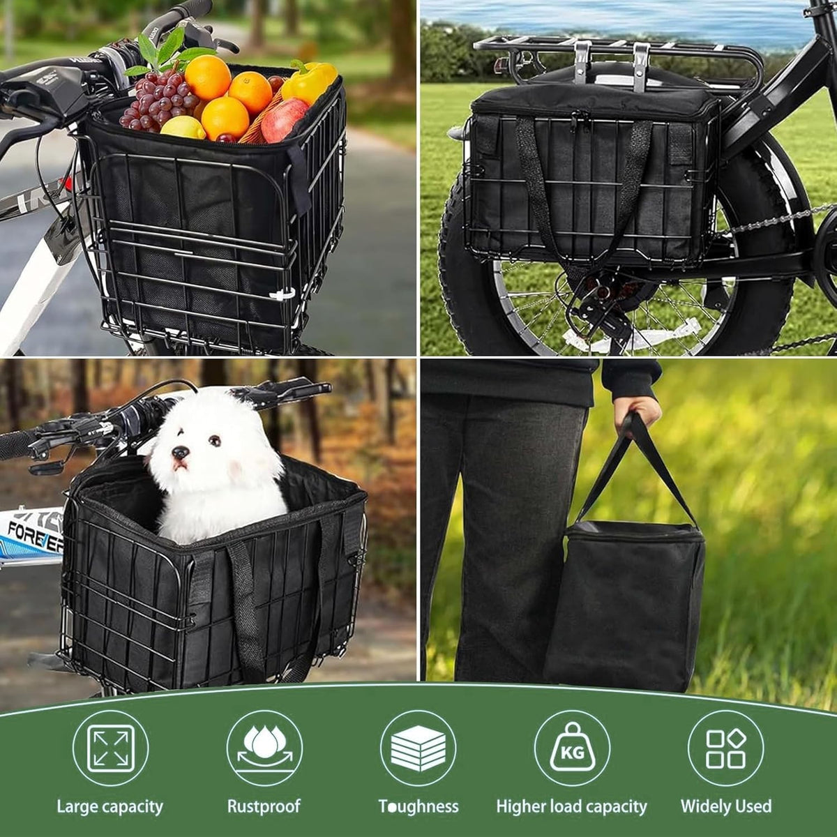 Front Folding Bicycle Basket with Removable Waterproof Liner & Quick Release