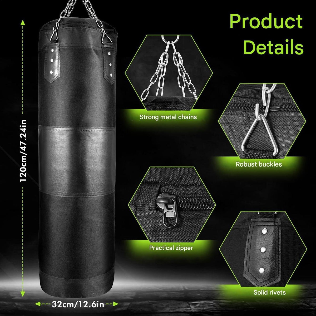 Heavy Boxing Punching Bag with Adjustable Filling and Accessories - Unfilled, Non Tear PU Leather