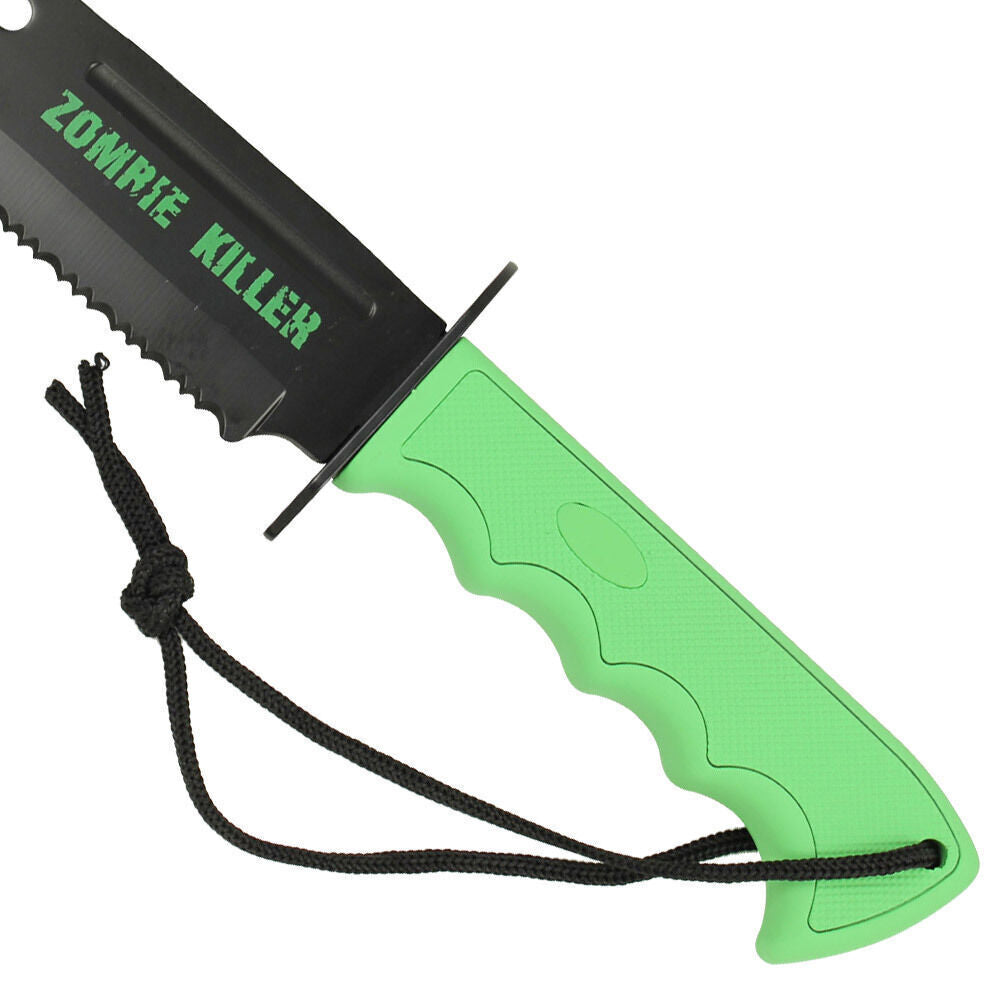 13-Inch Hunting Survival Combat Knife with Sheath - Black Blade, Green Handle