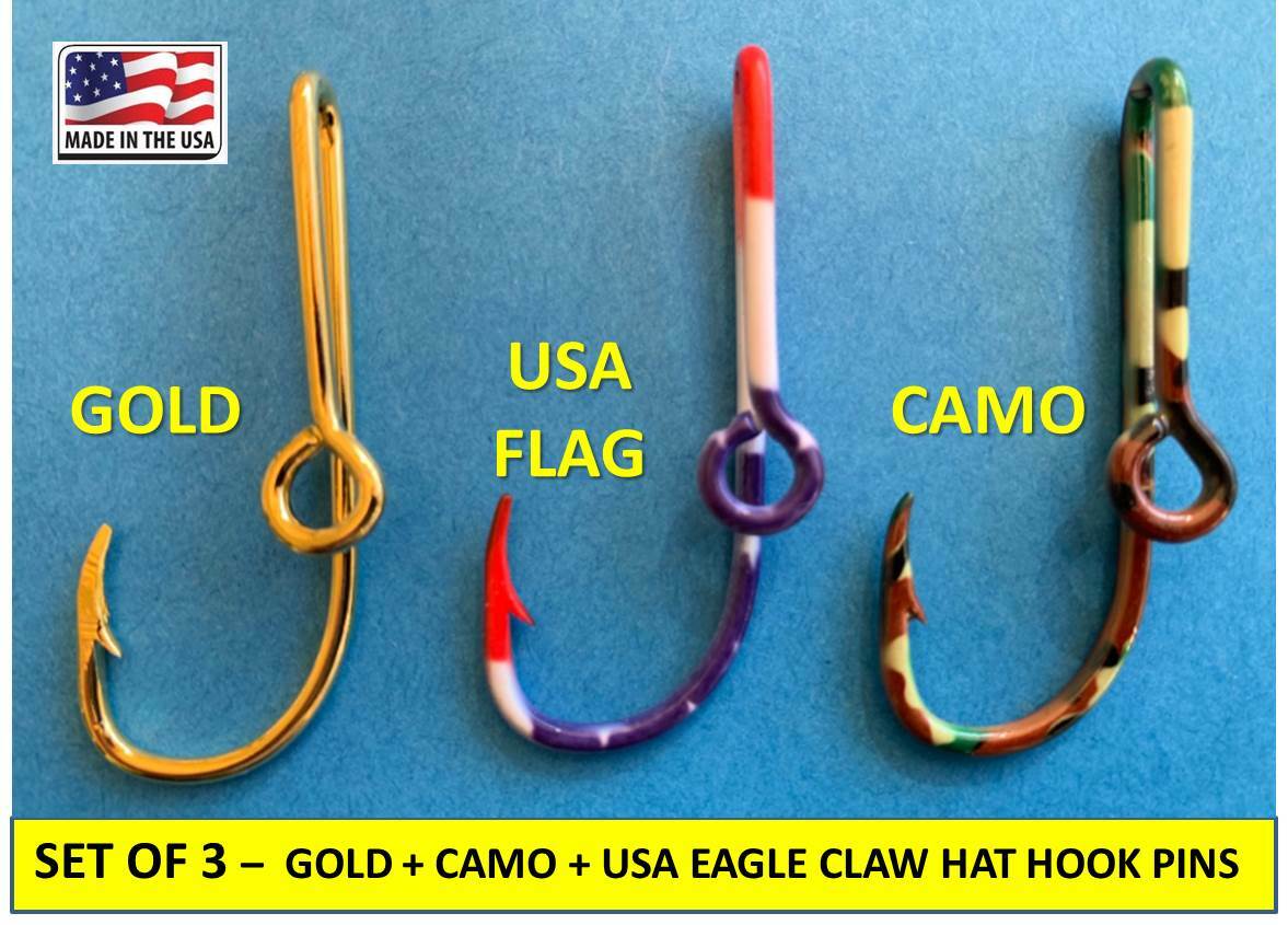 Fishing Hook Hat Pins Set - Gold, Camo & USA Flag Lapel Pins, Money Clips