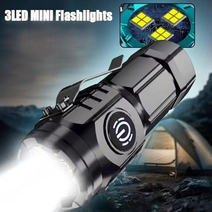 Mini Triple-Eyed Waterproof LED Flashlight - Rechargeable, Portable, Outdoor Use