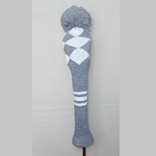 Golf Fairway Wood Club Protector Knit Pom Cover Grey White Argyle