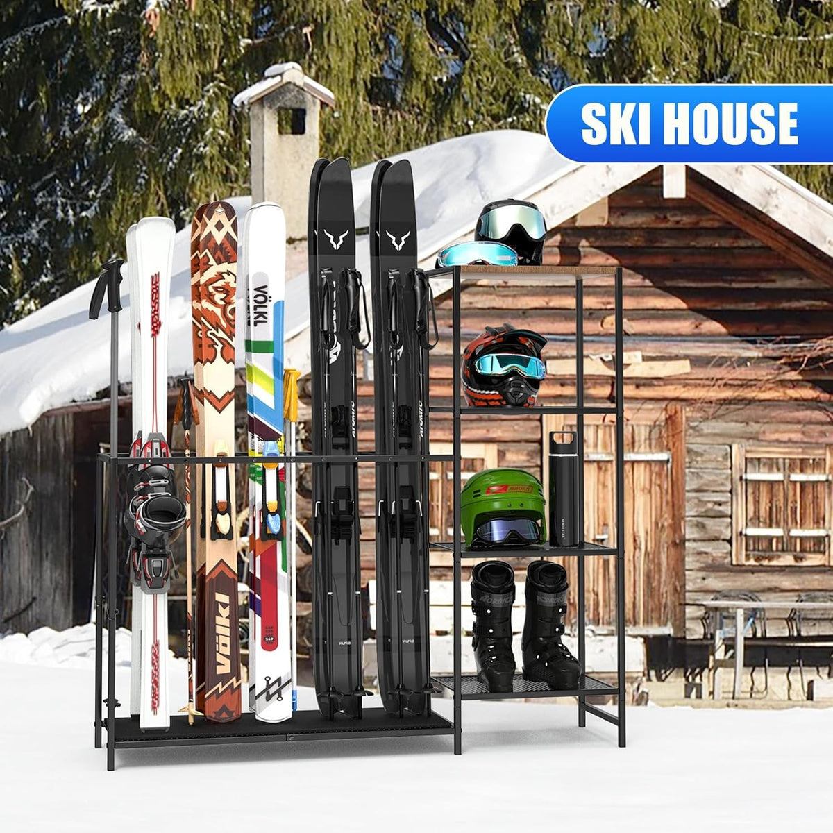Freestanding Ski Rack with Adjustable Bars for Winter Sports Equipment - Black