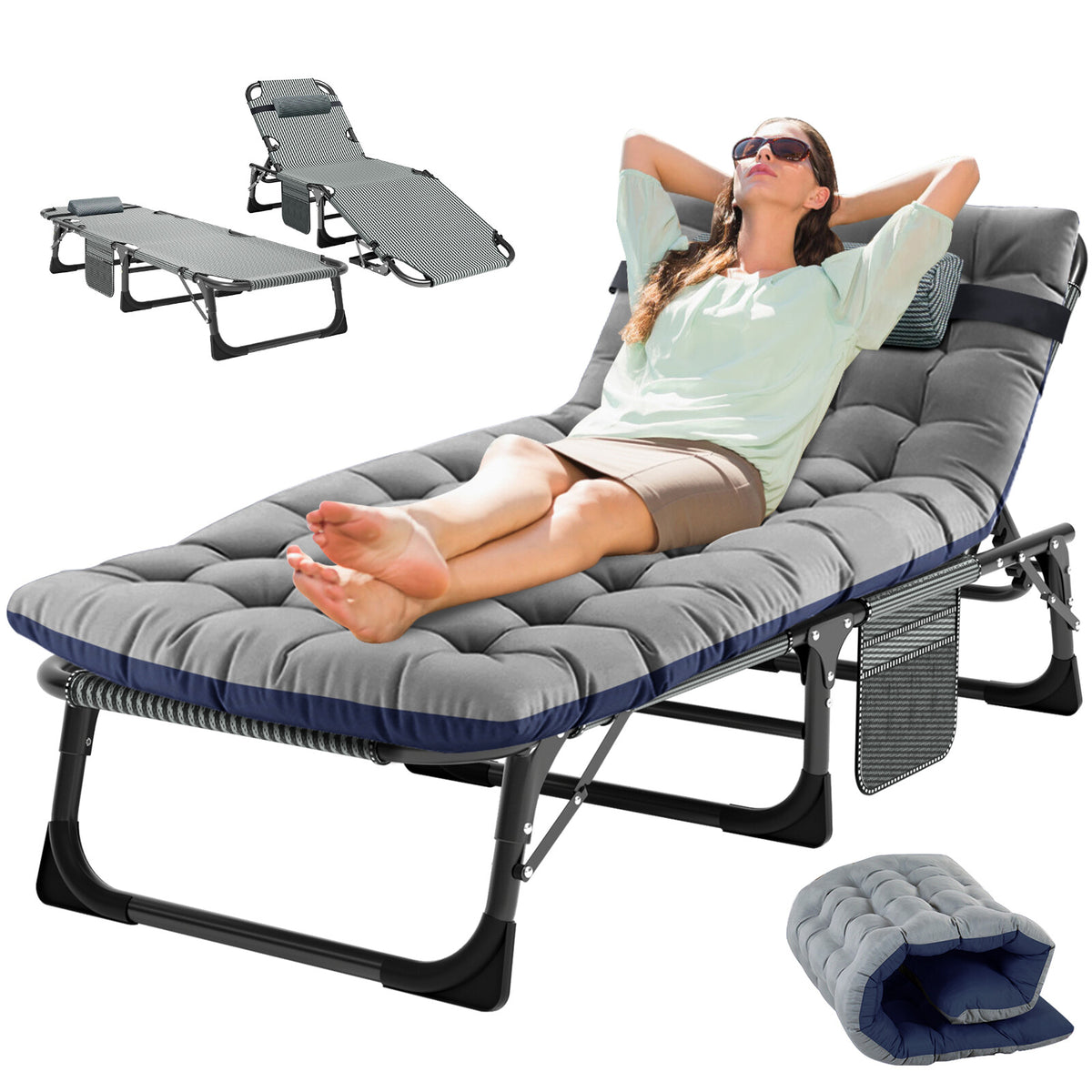 Adults Folding Camping Cot with Adjustable Headrest and Mattress