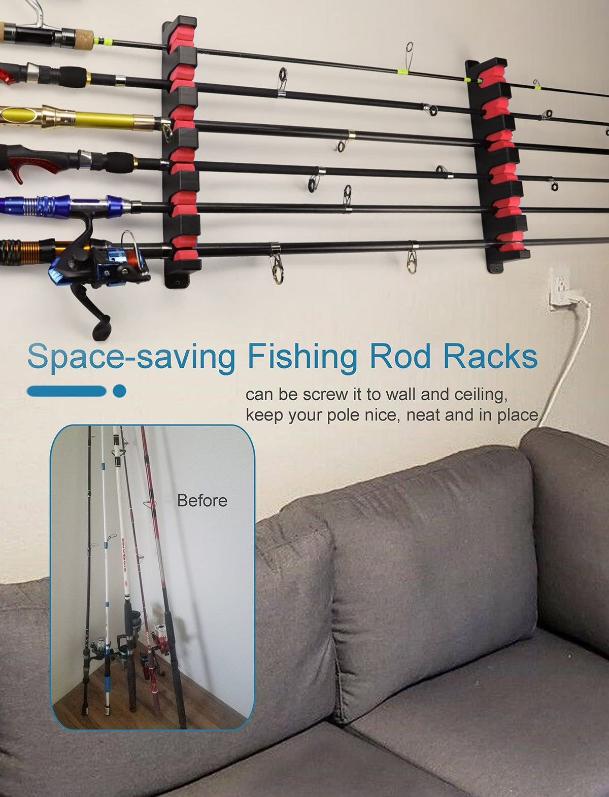 6-Rod Wall Mount Fishing Pole Holder Rack Storage Wall Mount Horizontal