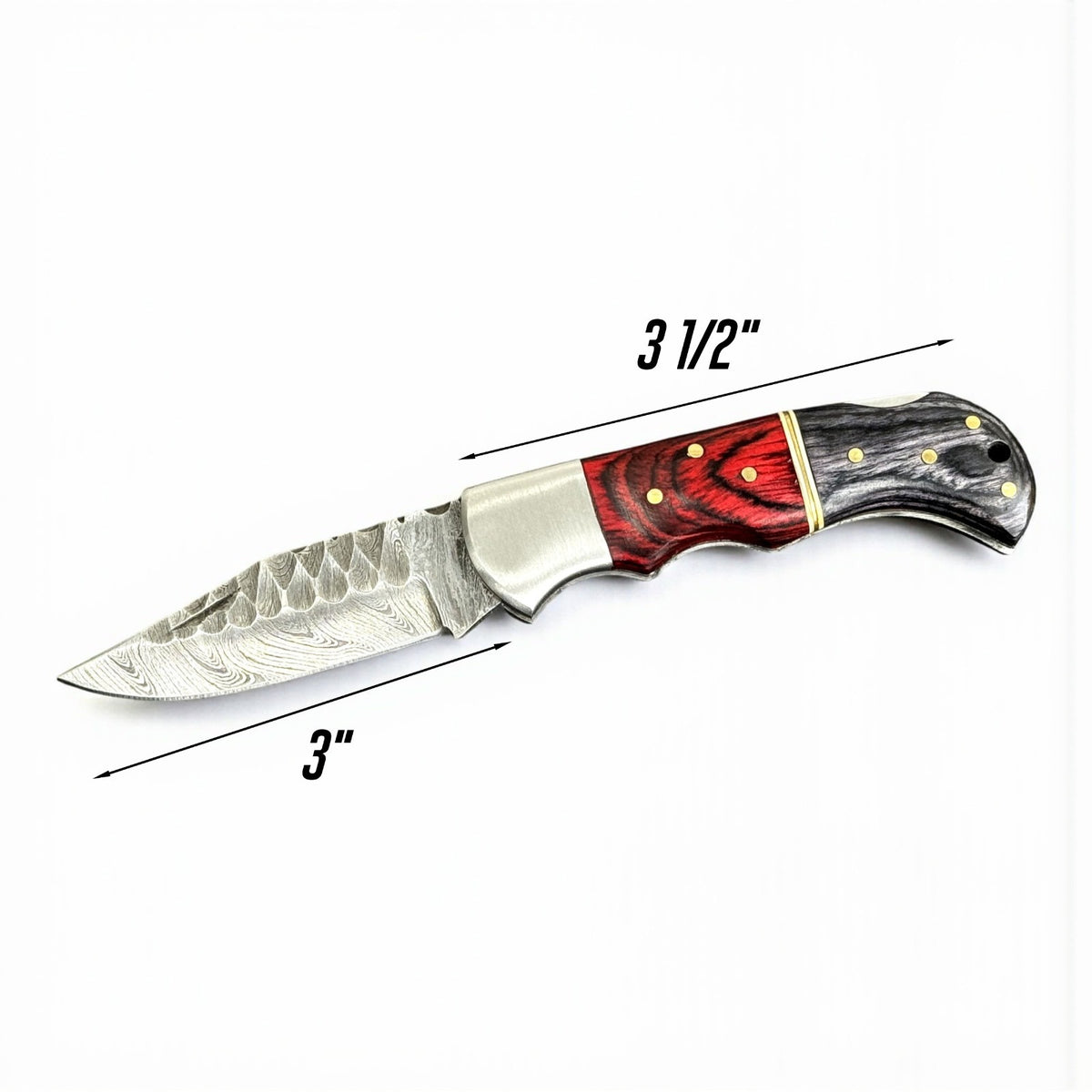 Personalized Damascus Folding Knife with Carved Blade and Leather Sheath