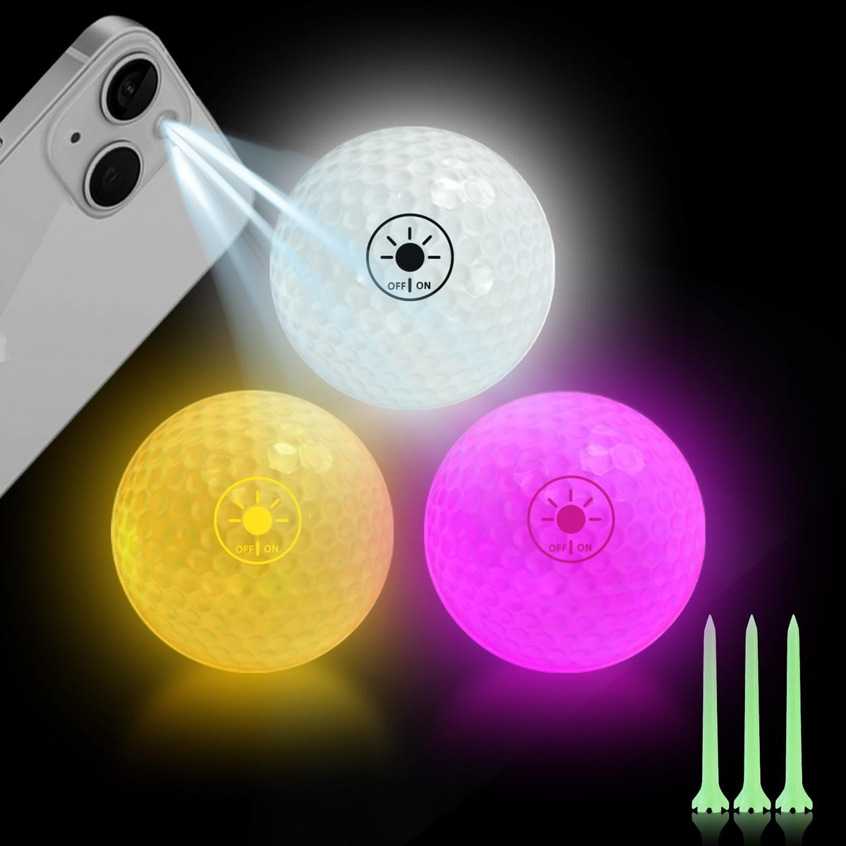 Glow in the Dark Golf Balls with Glow Tees - 3 Bright Color Set for Night Golf