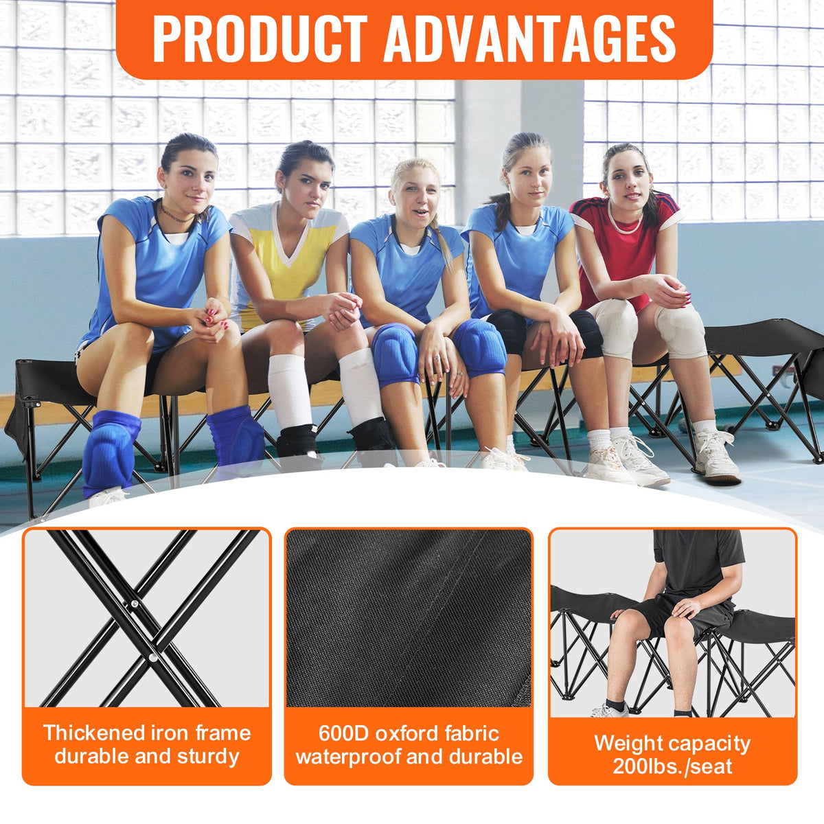 Portable Folding 6-Seat Sports Bench with Side Bag and Carry Bag - No Backrest