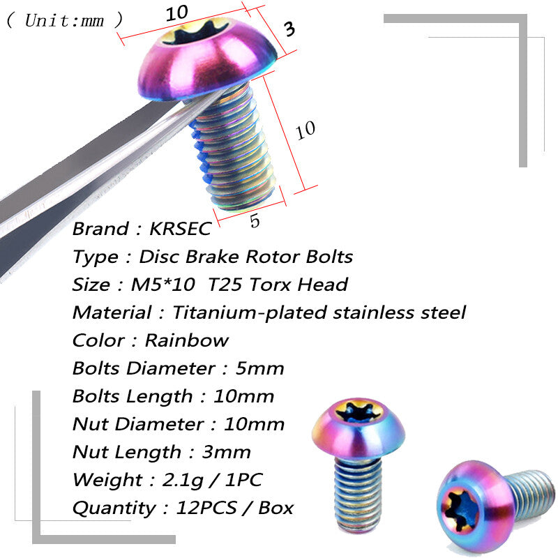 MTB Bike Floating Disc Brake Rotor Bolts Set - T25 Torx, Rainbow Finish, M5x10mm - 12 Pieces