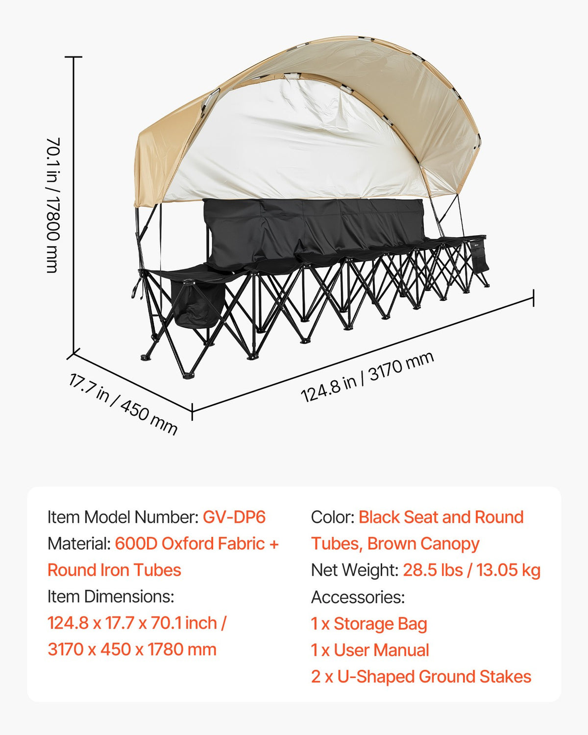 6-Seat Folding Sports Bench with Sunshade and Storage Bag