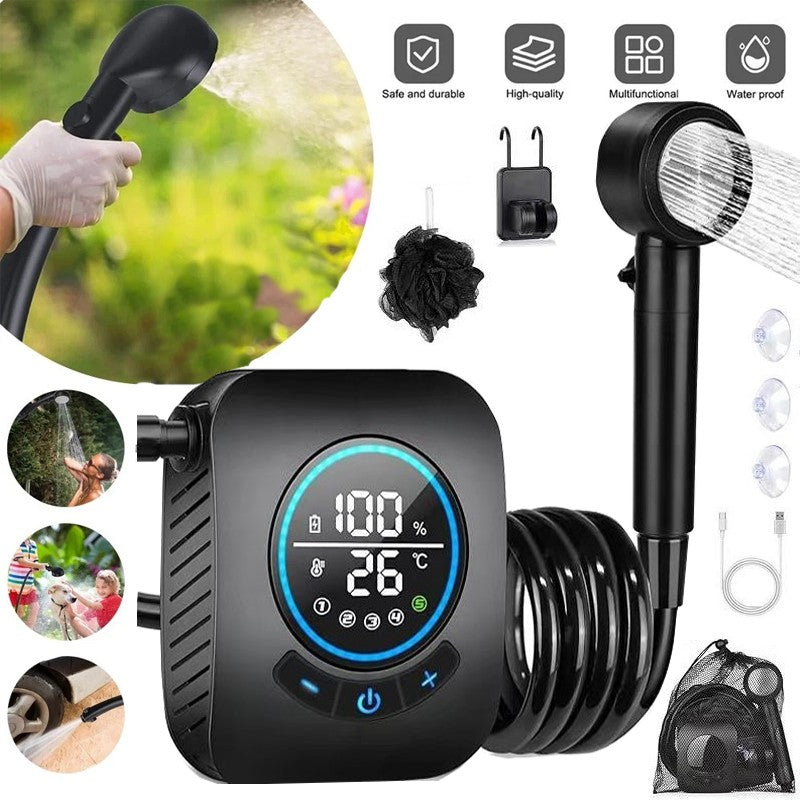 Portable Camping Shower with Rechargeable Pump, 5-Speed Adjustable Water Flow, USB-C Battery, Outdoor Use