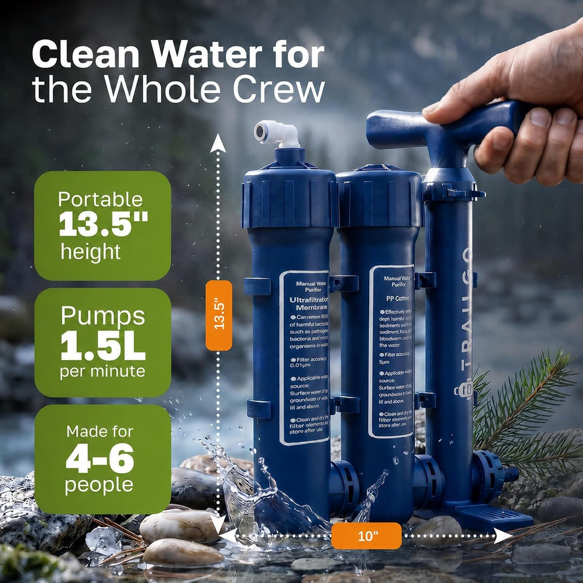 Portable Water Filter Pump for Camping Survival - 1.5L/min, 3000L Capacity