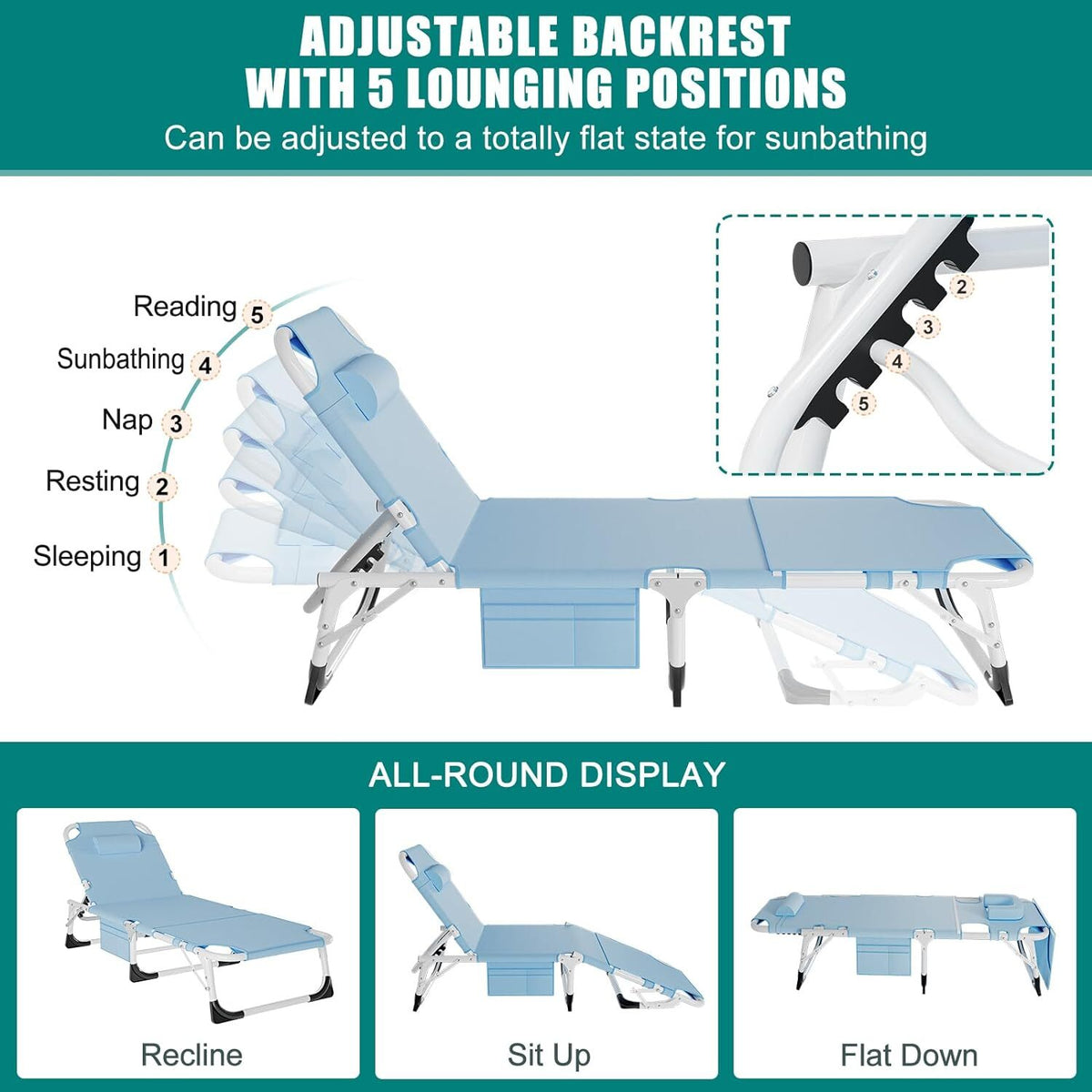 Heavy Duty Tanning Chair with Face Hole - Adjustable Folding Outdoor Lounge Bed