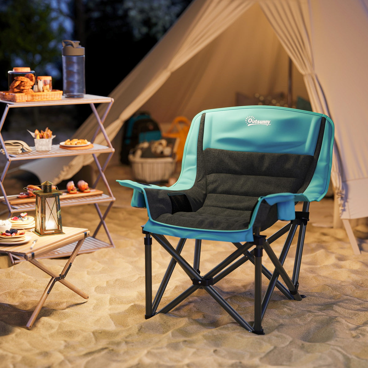 Portable Folding Camping Chair with Padding and Cup Holders - Green and Black