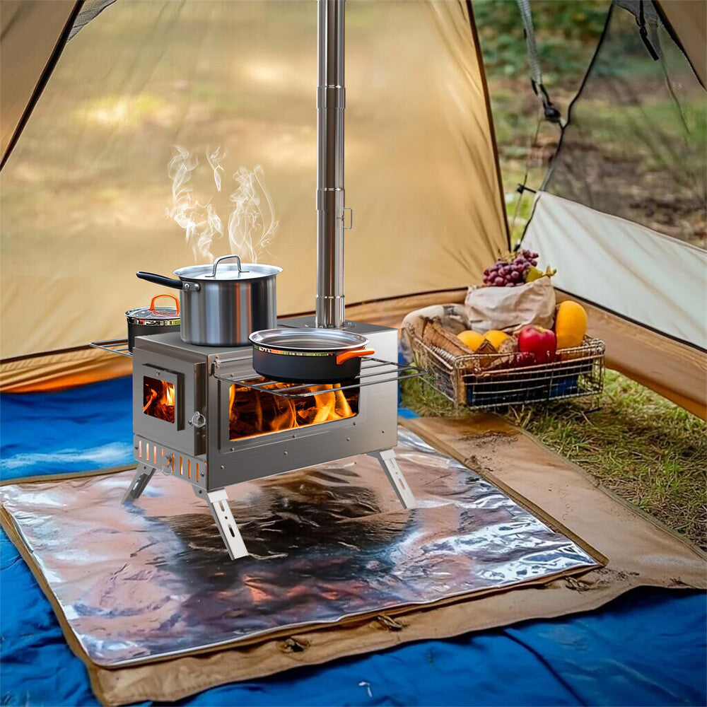 Portable Camping Wood Stove with Chimney Pipes, Tools, Bag & Ground Stakes