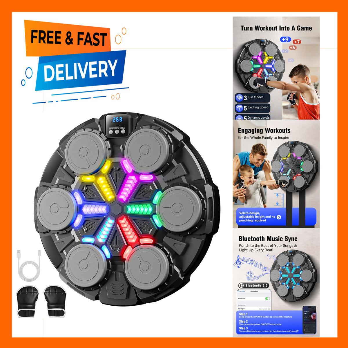 Wall-Mount Boxing Trainer with Rhythm Lights and Bluetooth Music