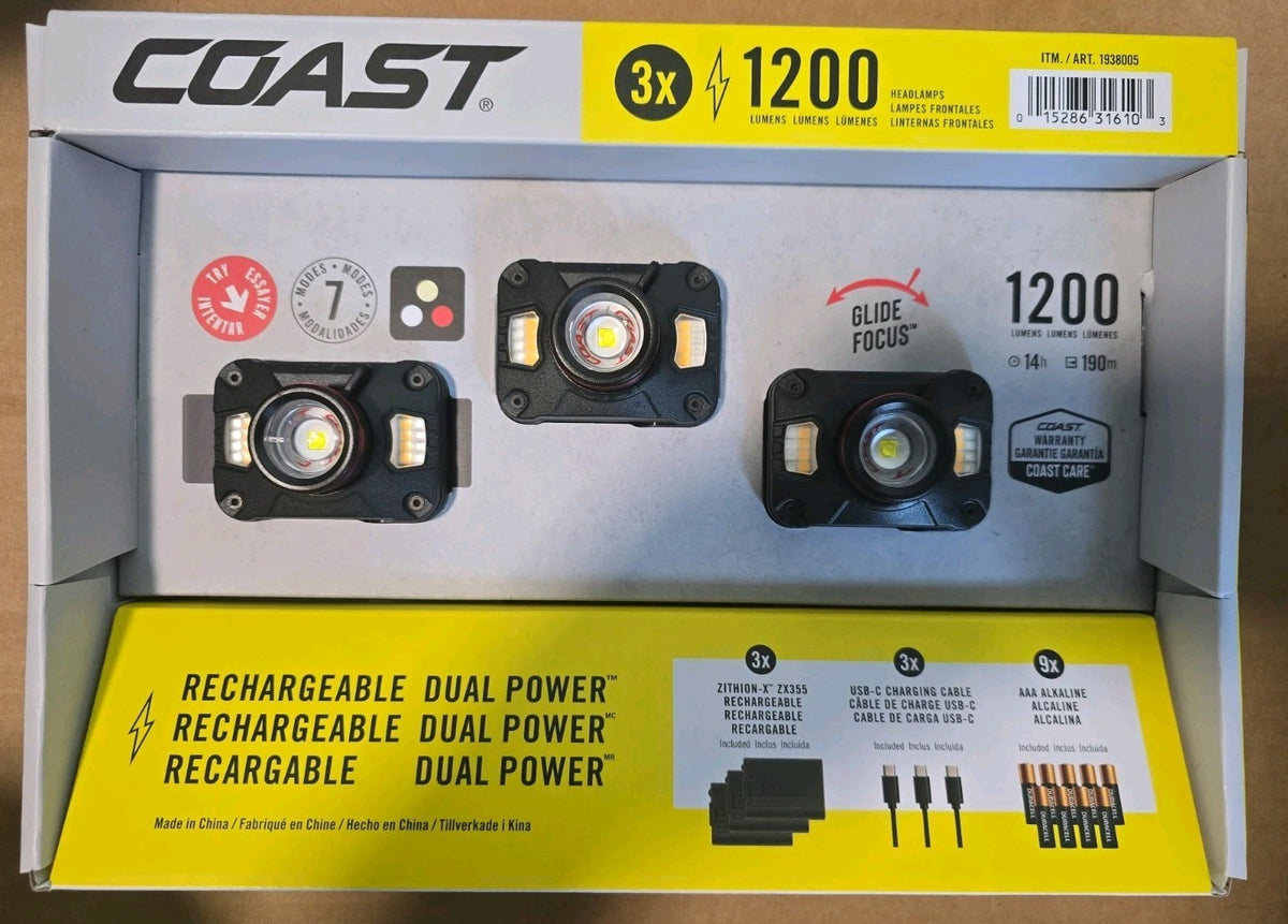 1200-Lumen Rechargeable Headlamp 3-Pack - Dual Power Headlamps