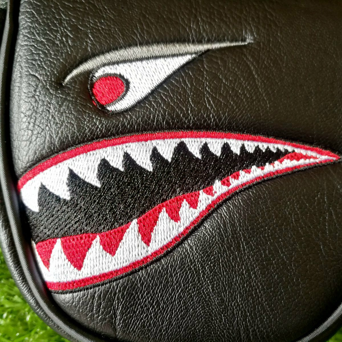 Black Leather Shark Embroidery Golf Mallet Putter Head Cover Magnetic Closure