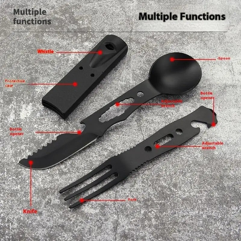 7 in 1 Camping Survival Multi Tool Set with Fork, Knife, Spoon, and Whistle