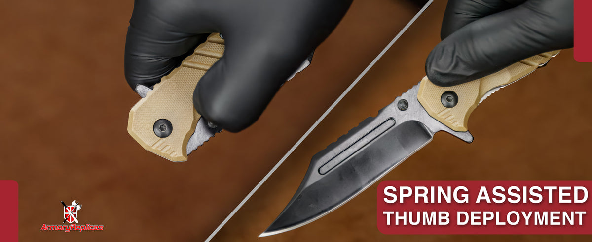 Tactical Black Blade Knife with G-10 Handle, Spring Assist, 8.5 Inch