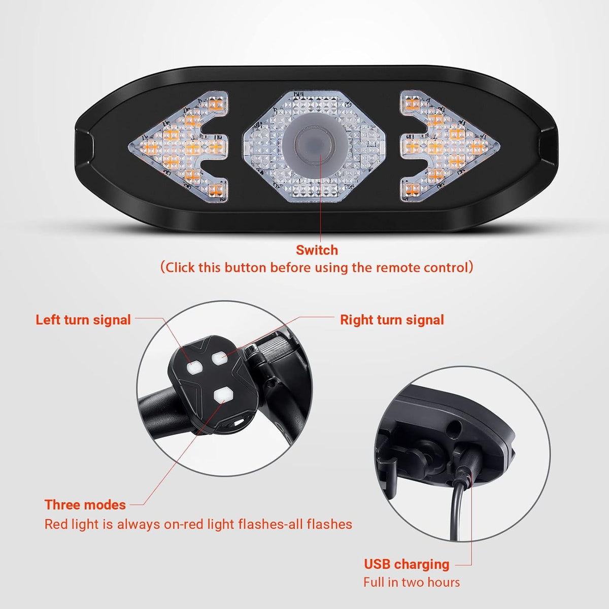Wireless Bike Tail Light with Turn Signals Remote Control USB Rechargeable