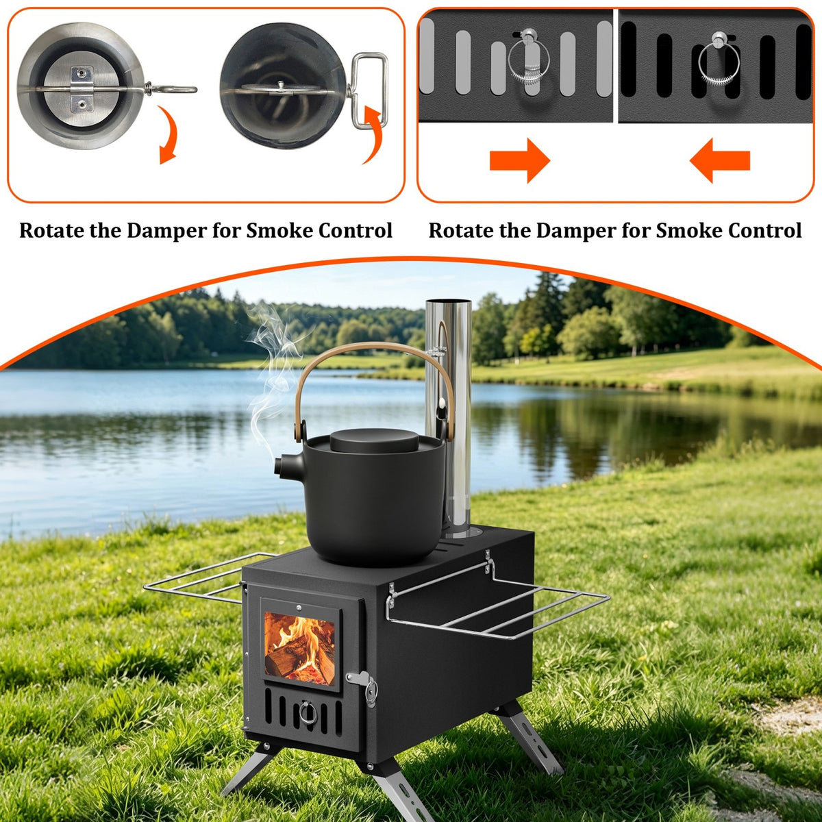 Portable Wood Burning Stove with Chimney Pipes for Camping and Outdoor Heating