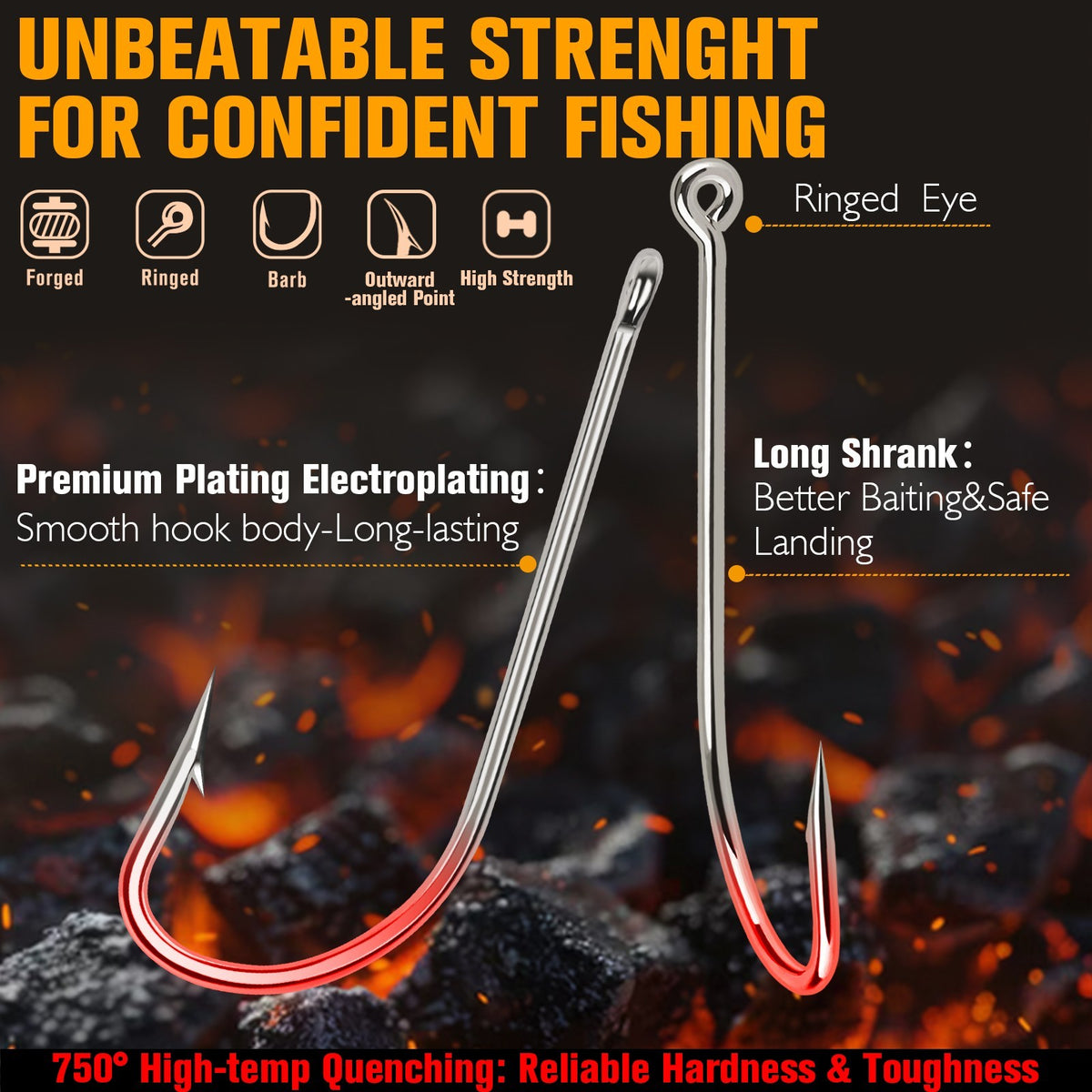 Saltwater Fishing Hooks Set - Long Shank O'Shaughnessy J Hooks for Bait & Trolling