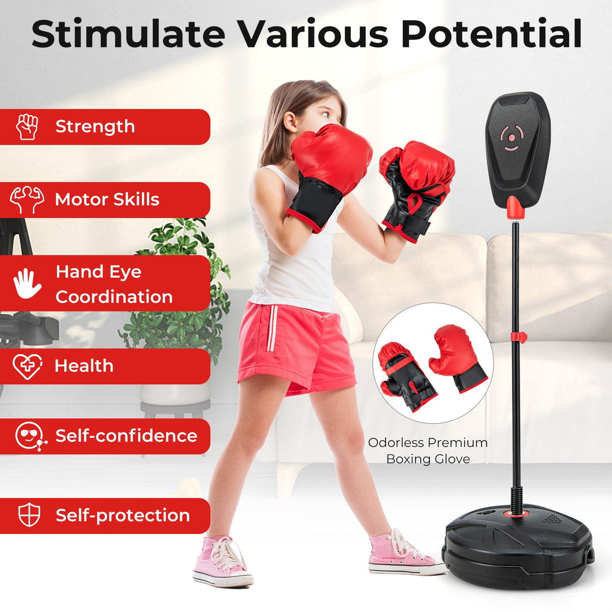 Kids Punching Bag Set with Adjustable Height & Anti-Tip Base