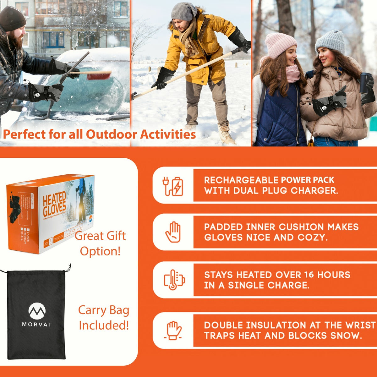 Rechargeable Heated Gloves for Men Women - 16+ Hour Battery Life, Touchscreen Compatible, Water Resistant Winter Gloves