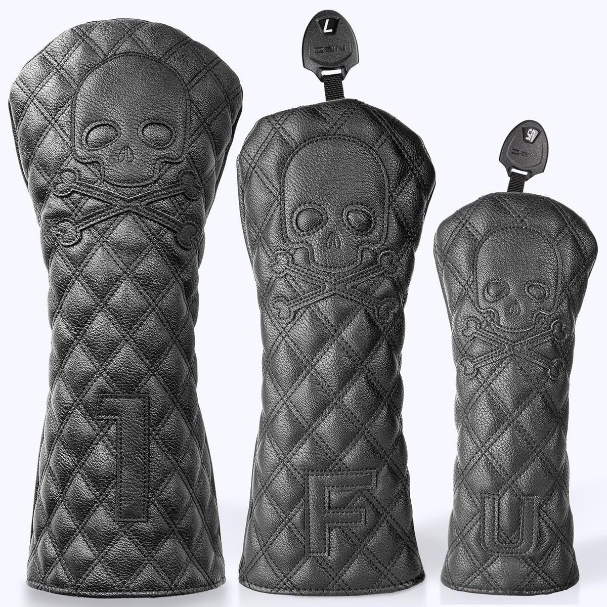 Golf Club Headcover Set with Skull Design - Fits Driver, Fairway, Hybrid, Waterproof Leather