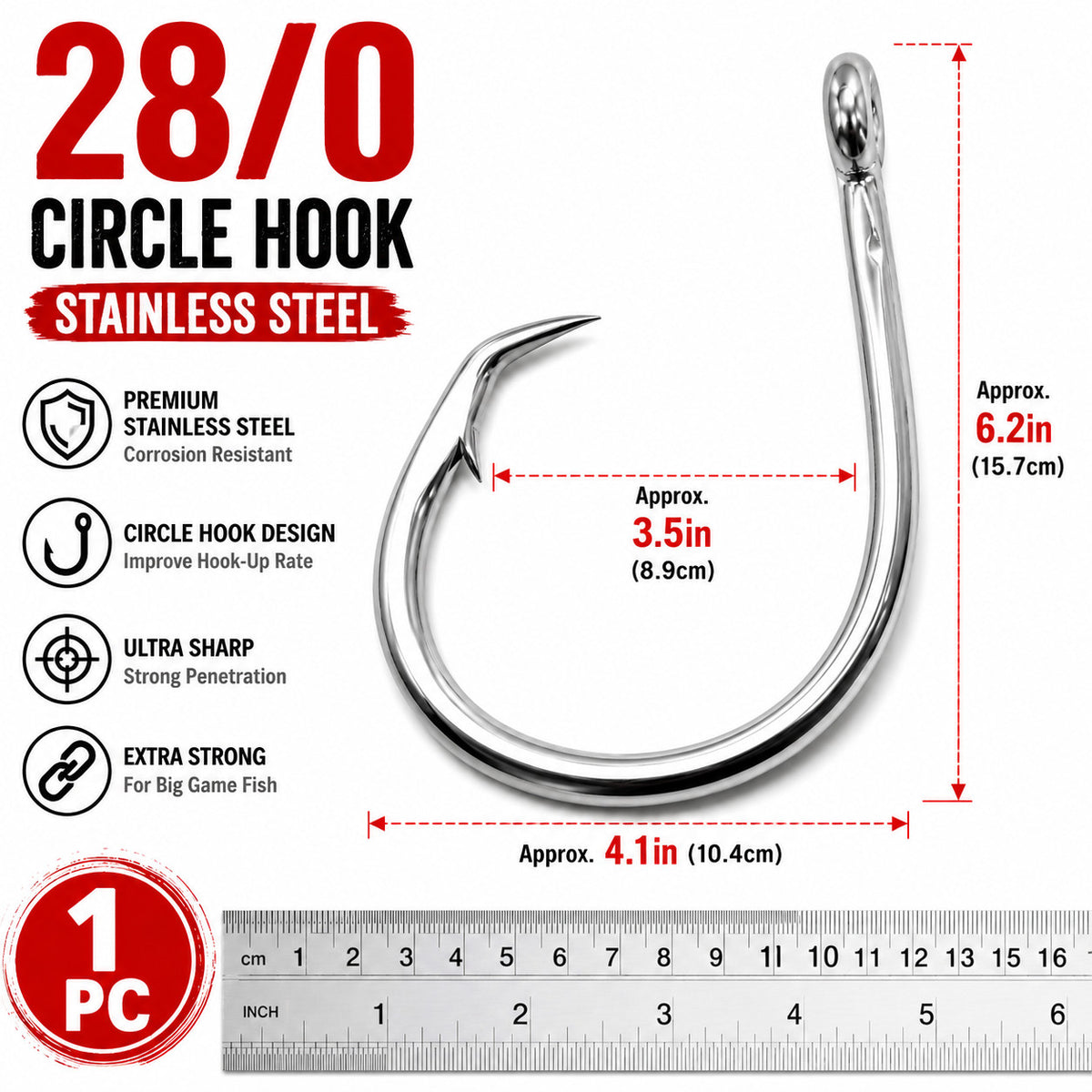 Heavy Duty 28/0 Stainless Steel Circle Fishing Hook for Big Game Saltwater Offshore