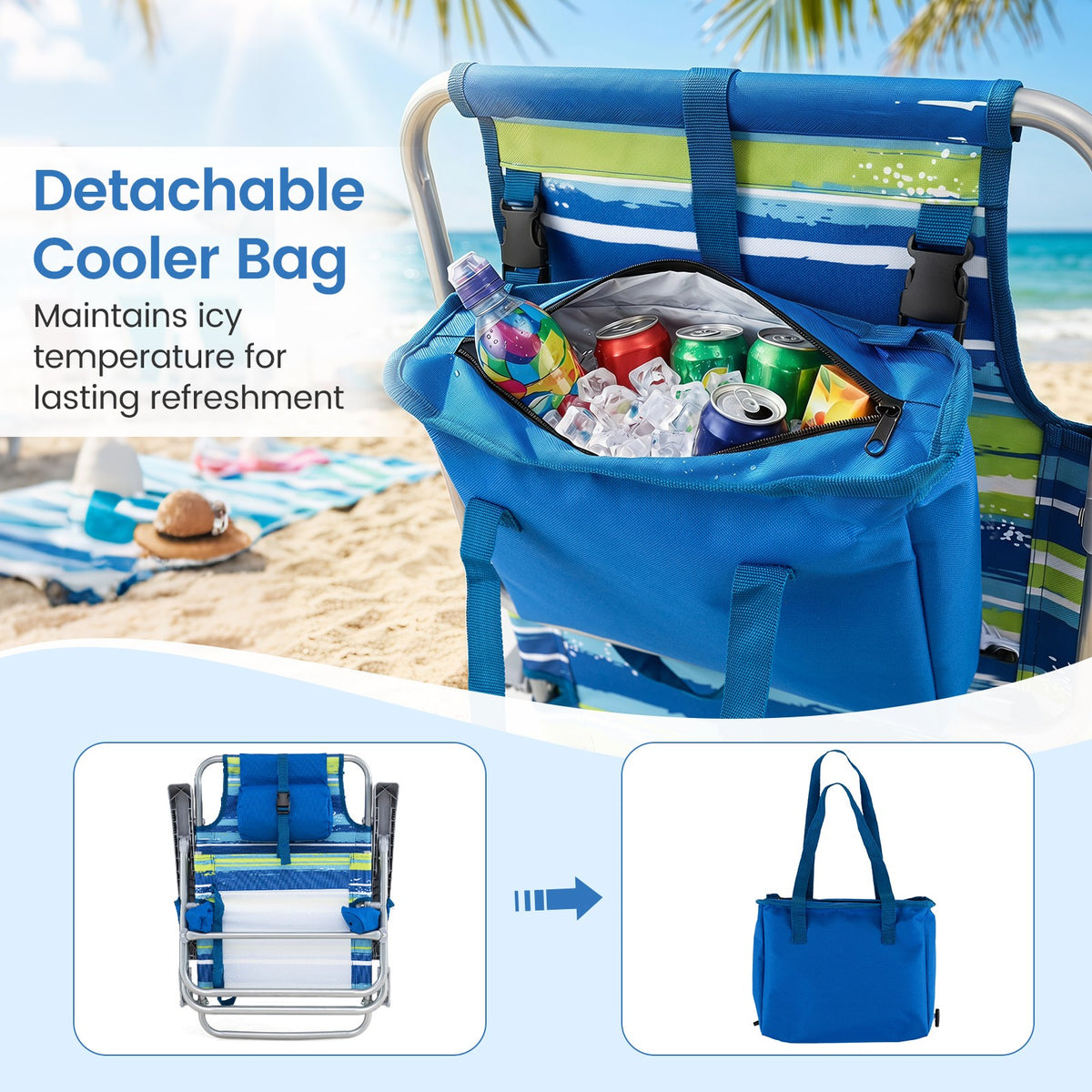 Portable Folding Beach Chair with Cooler Bag & Adjustable Backrest