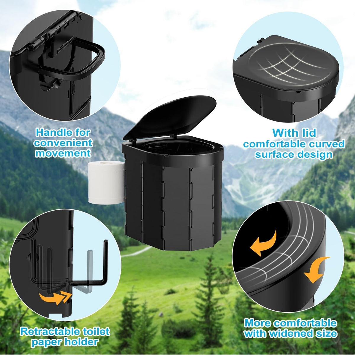 Foldable Portable Camping Toilet with Lid and Retractable Toilet Paper Holder