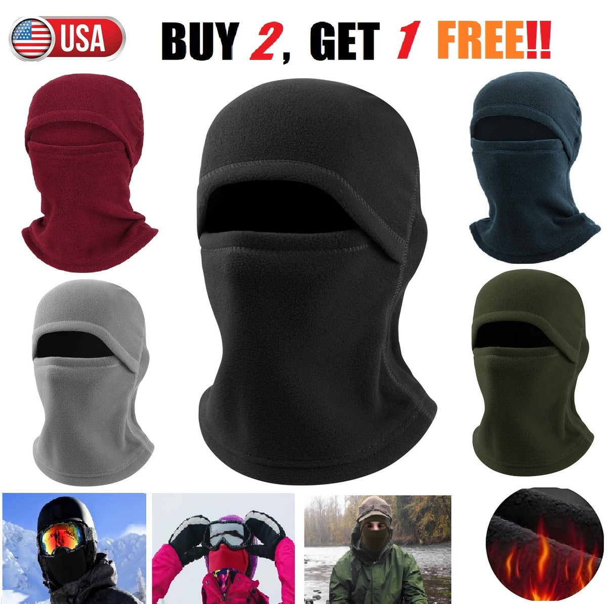 Winter Full Face Ski Mask Balaclava Windproof Fleece Neck Gaiter Cold Weather