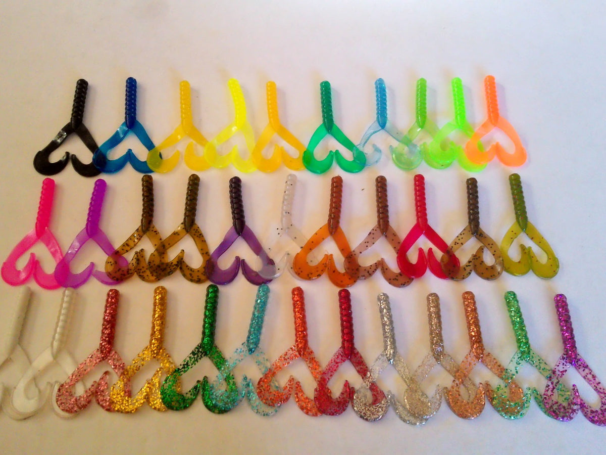 Double Tail Grub Soft Plastic Fishing Lure - Assorted Colors, 3 Inch, Pack of 24